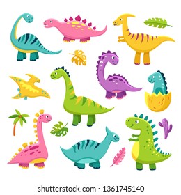 Cartoon dinosaur. Cartoon cute baby dino triceratops prehistoric wild animals brontosaurus isolated dinosaurs vector funny characters