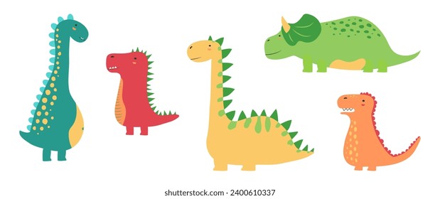 Cartoon dinosaur, cute dino, animal character vector icon, baby sticker set, funny kid collection isolated on white background. Drawing kindergarten illustration