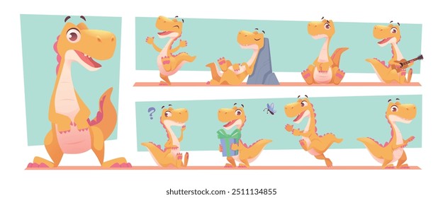 Dinosaurio de dibujos animados. Dragón monstruo lindo en acción posa dinosaurio con emociones Ilustración vectorial exacta