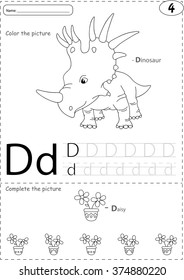 Cartoon dinosaur and daisy. Alphabet tracing worksheet: writing A-Z, coloring book and educational game for kids