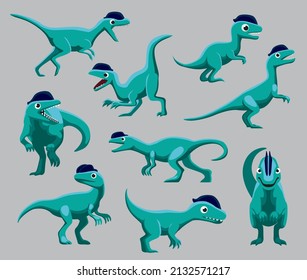 Cartoon Dinosaur Dilophosaurus Cute Various Poses Cartoon Vector Illustration