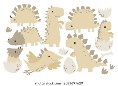 Cartoon dinosaur. Dino monster cartoon gender neutral colors childish vector illustration. Funny art. Ancient animals. Newborn set