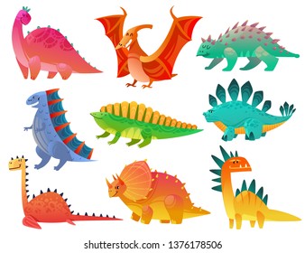 Cartoon Dinosaur. Dragon Nature Dino Kids Toy Monster Cute Animals Prehistoric Wild Fantasy Characters Colorful Art, Funny Beasts Vector Set