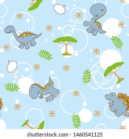 cartoon dinosaur drawing patterns, trees, leaves and others as a background