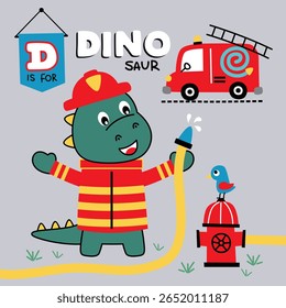 Cartoon dinosaur dressed as firefighter spraying water from hose near fire hydrant and fire truck under safety sign. Fire safety concept

