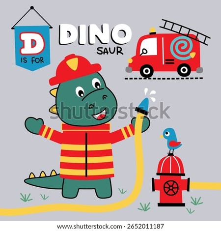 Cartoon dinosaur dressed as firefighter spraying water from hose near fire hydrant and fire truck under safety sign. Fire safety concept
