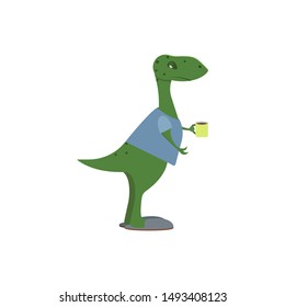 Cartoon Dinosaur Drinking Coffee. Vector illustration