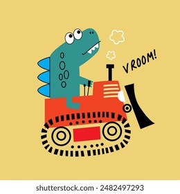 cartoon dinosaur driving a excavator vector illustration