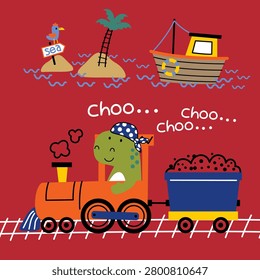 Cartoon dinosaur driving steam train near tropical island, boat and sea elements. Travel and transport concept