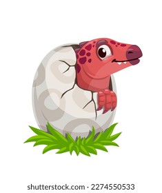 Huevo de dinosaurio de dibujos animados y personaje de dino. Animales paleontológicos alegres, lagartijas de la era Jurásica lindo personaje vectorial o mascota. Repticio prehistórico, recién nacido dinosaurio en la cáscara del huevo personaje divertido