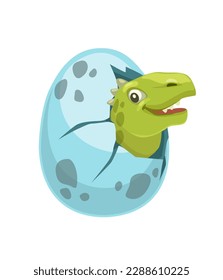 Cartoon dinosaur egg and green dino character. Jurassic era lizard cute mascot or funny vector character. Cheerful newborn dinosaur in egg shell, isolated prehistoric reptile baby happy personage