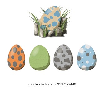 Cartoon Dinosaur eggs. Collection constructor Nest of dinosaurs with eggs and grass. Easy to assemble your own.