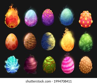 Cartoon dinosaur eggs vector set. Dragon eggs with colorful textured shell burning fire, pimpled, glowing scales and power energy lightnings or spiral pattern. Magic ui game isolated graphic objects