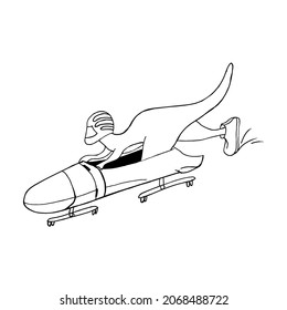 A cartoon dinosaur is engaged in a winter sport, bobsleigh.Vector illustration in doodle style.