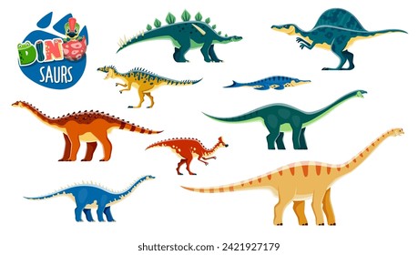 Cartoon dinosaur, extinct reptile characters. Prehistoric animal, Jurassic era lizards. Kotasaurus, Amygdalodon, Oxalaia and Lexovisaurus, Aragosaurus, Neovenator dinosaur vector funny personages