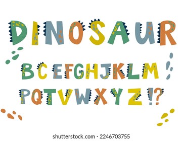 Cartoon Dinosaur font. Dino alphabet decorated letters, funny letters for nursery or kindergarten kids vector illustration set. Alphabet dinosaur, abc kids letter typography