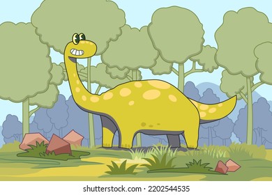 Cartoon Dinosaur Forest On Background. Drawings For Children. Kindergarten Poster. Vector Illustration.