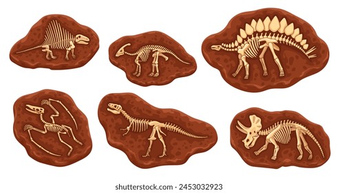 Cartoon dinosaur fossil bones in stone. Dino animal skeletons, vector geology, archeology and paleontology science. Tyrannosaurus, triceratops, spinosaurus, stegosaurus, pterodactyl, parasaurolophus