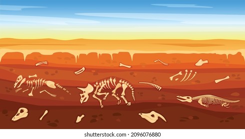 Cartoon dinosaur fossils in ground, buried dinosaurs skeleton. Underground soil cross section with prehistoric skeletons vector illustration. Prehistoric animals bones hidden underground