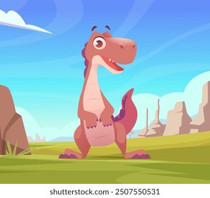 cartoon dinosaur. funny reptile standing outdoors on beautiful landscape