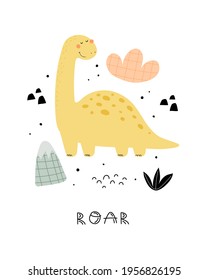 cartoon dinosaur, hand drawing lettering, décor elements. colorful vector illustration for kids, flat style. baby design for cards, print, posters, logo, cover