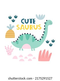 cartoon dinosaur, hand drawing lettering, décor elements. colorful vector illustration for kids, flat style. baby design for cards, print, posters, logo, cover