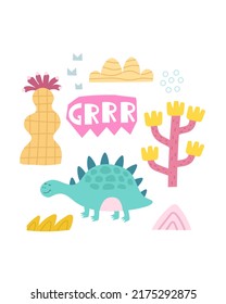 cartoon dinosaur, hand drawing lettering, décor elements. colorful vector illustration for kids, flat style. baby design for cards, print, posters, logo, cover