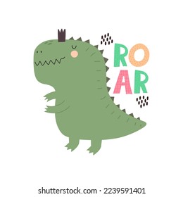 cartoon dinosaur, hand drawing lettering. colorful vector illustration for kids, flat style. baby design for cards, print, posters, logo, cover