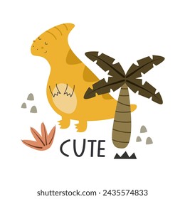 cartoon dinosaur, hand drawing lettering. colorful vector illustration for kids, flat style. baby design for cards, print, posters, logo, cover
