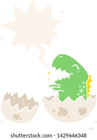 cartoon dinosaur hatching from egg with speech bubble in retro style
