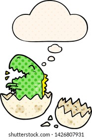 cartoon dinosaur hatching with thought bubble in comic book style