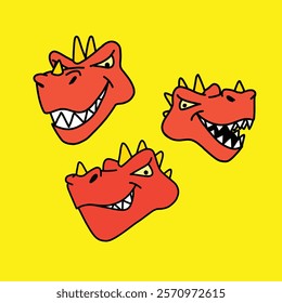 Cartoon dinosaur head character with various expressions, isolated on a yellow background. Perfect for use as a logo, mascot, film character, or creative design element. Fun and versatile illustration