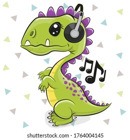 Cartoon Dinosaur with headphones isolated on a white background