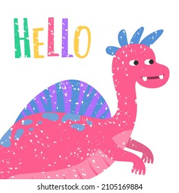 Cartoon dinosaur with "Hello" lettering. Vector illustration.