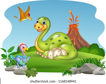 Cartoon dinosaur with her eggs in the jungle