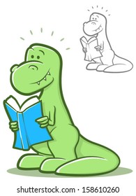 Cartoon Dinosaur Holding A Book And Smiling/Vector Reading Dinosaur