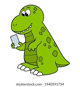 Cartoon Dinosaur Holding Smartphone Vector Illustration