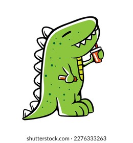 cartoon dinosaur holding a snack illustration for mascot, label, packaging