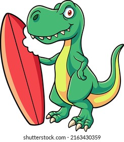 Cartoon dinosaur holding a surfboard