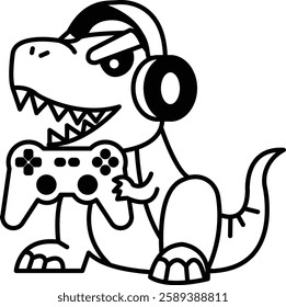 A cartoon dinosaur is holding a video game controller and wearing headphones