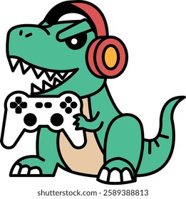 A cartoon dinosaur is holding a video game controller and wearing headphones. The dinosaur has a fierce expression on its face, suggesting that it is ready to play a competitive game