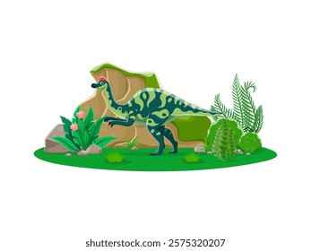 Cartoon dinosaur Hypacrosaurus, prehistoric lizard in Jurassic park forest, vector dino. Prehistoric funny Hypacrosaurus dinosaur lizard character for kids paleontology atlas or Jurassic era museum