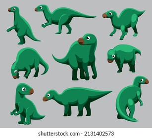 Cartoon Dinosaur Iguanodon Cute Various Poses Cartoon Vector Illustration