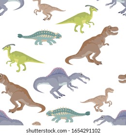 Cartoon dinosaur isolated on white. Seamless pattern. Cute funny jurassic animal. Spinosaurus, Ankylosaurus, Tyrannosaurus Rex, Parasaurolophus, Velociraptor and Ankylosaurus. Vector flat illustration