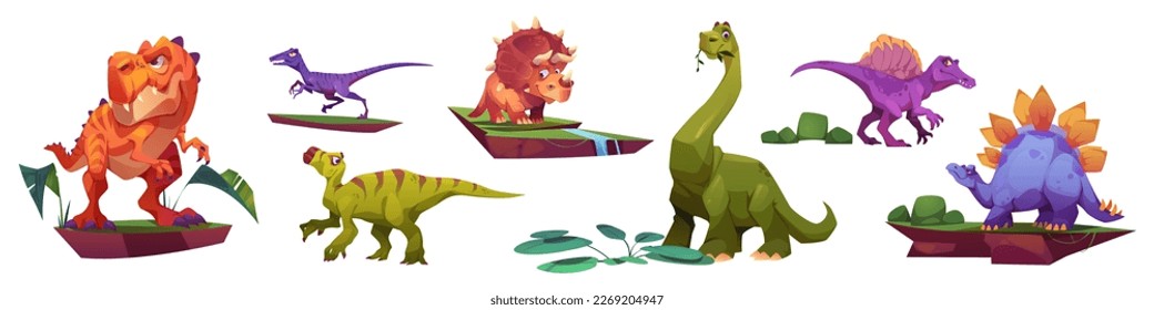 Cartoon dinosaur isolated vector character set. Prehistoric triceratops, stegosaurus and tyrannosaurus jurassic lovely clipart collection. Big adorable dino beast game design for kindergarten mascot.