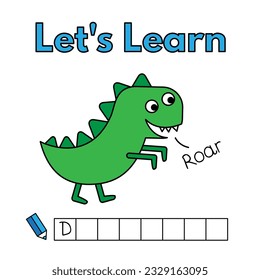Cartoon dinosaur learning game for small children - write the word. Vector illustration for kids