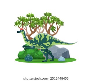 Lagarto de dinosaurio de dibujos animados Hypacrosaurus para colección de dinosaurio prehistórico, personaje de Vector. Divertido dinosaurio prehistórico Hypacrosaurus en dos patas con pico de pato en el bosque de la selva, era Jurásica o Cretácica