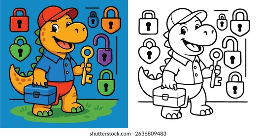 Cartoon Dinosaur Locksmith Coloring Page Fun Puzzle-Themed Black and White Line Art for Kids