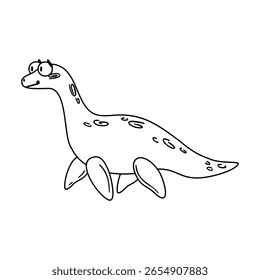 A cartoon dinosaur with a long neck and small limbs. It has a friendly expression and is depicted in a simple, outlined style. Suitable for children's illustrations.
