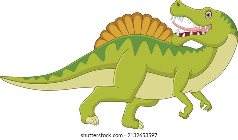 Cartoon dinosaur looks sideways on white background